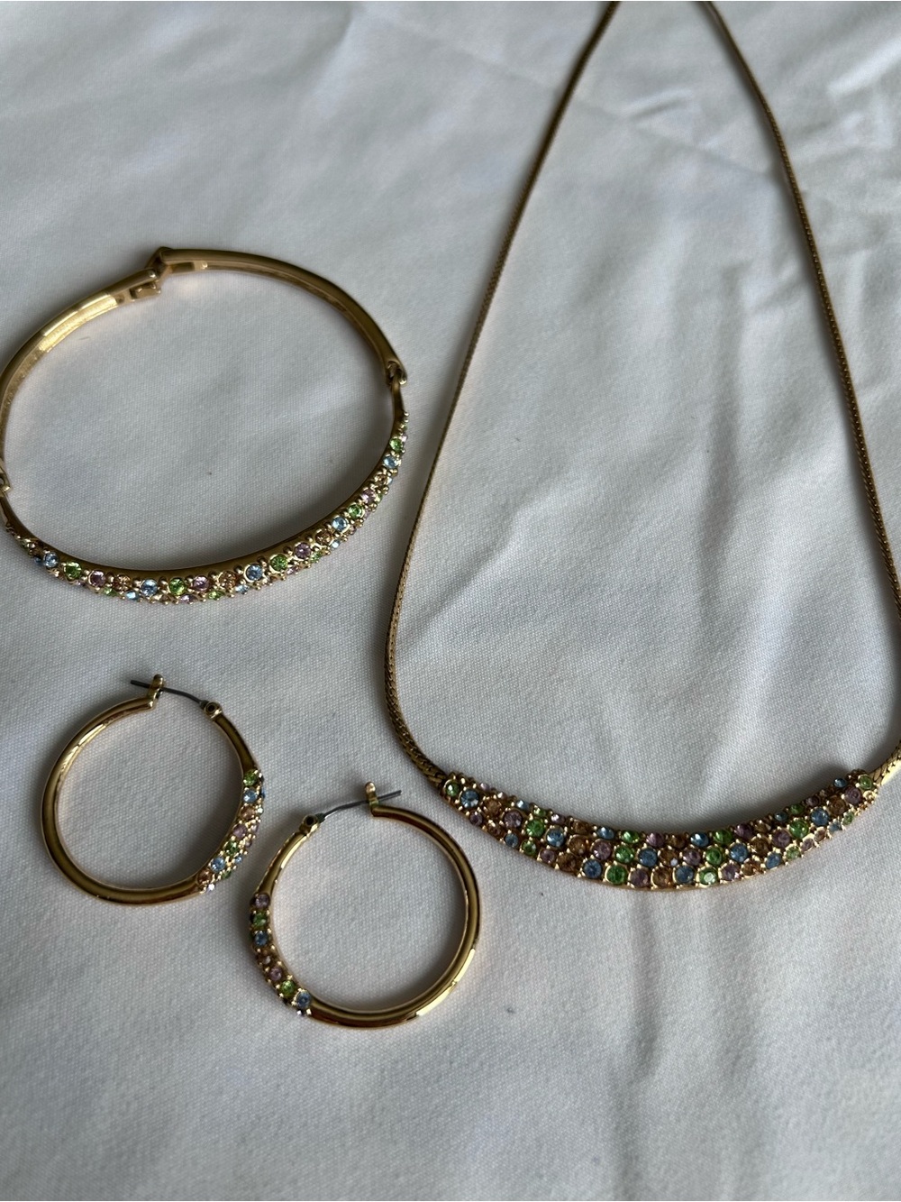 Gold Multicolor Crystal Necklace, Bracelet & Hoop Earrings Set